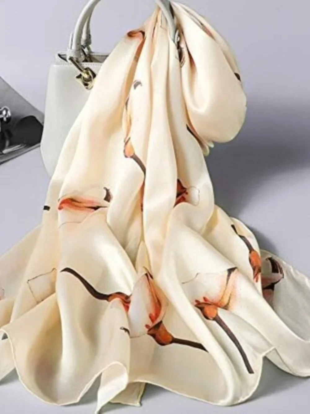 100% Pure Mulberry Silk Scarf Off White Calla Floral Long Lightweight Shawl